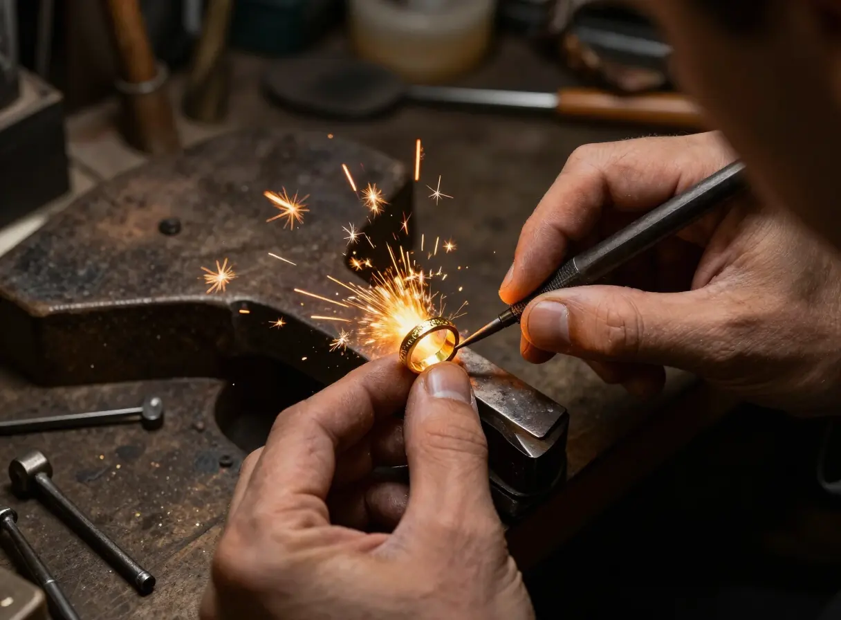A goldsmith soldering a ring at the bench.