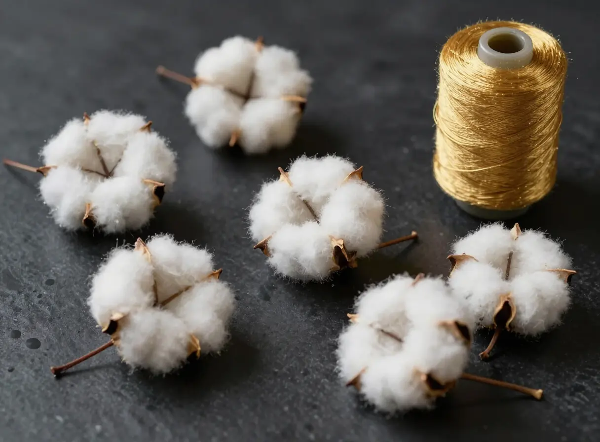 Cotton bolls beside a spool of gold thread.