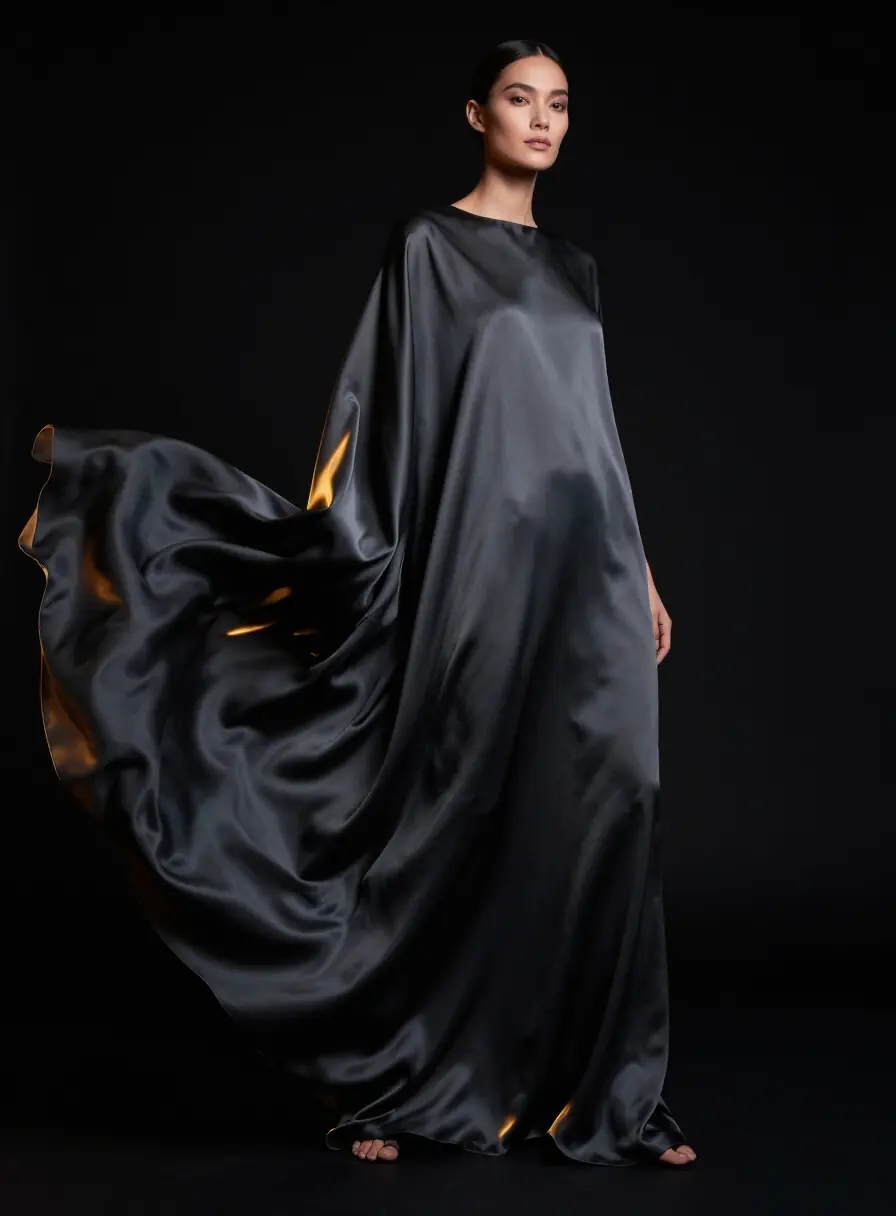 A floor-length black silk gown photographed in motion.